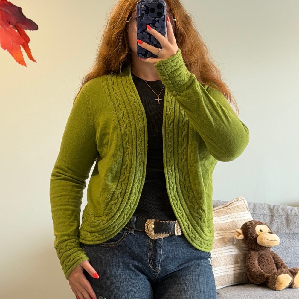 Fenn Wright Manson Green Merino Wool Cable Cardigan L